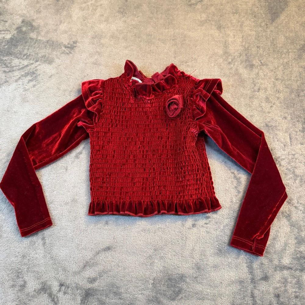 Badgley Mischka Smocked Velvet Top Kids Girls 2T Red Ruffle Rosette Holiday